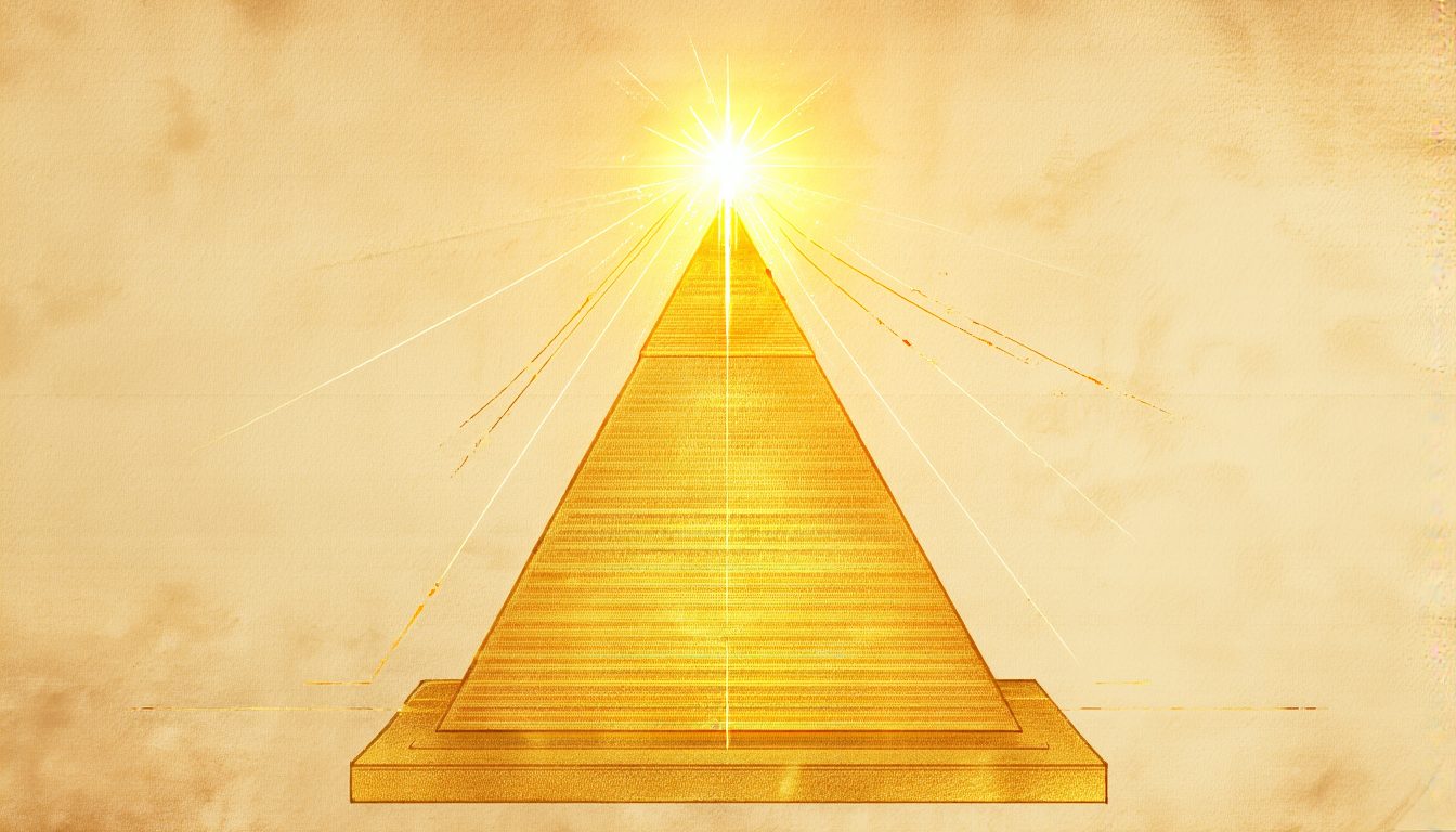 A golden pyramid on a square base, three beams converging at the apex
