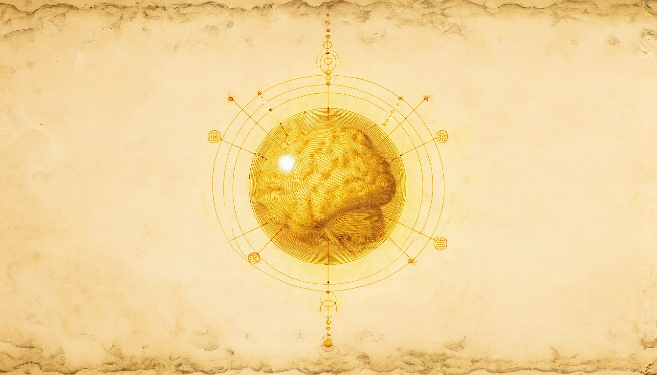 A radiant golden sphere of the one mind with radiating geometric lines