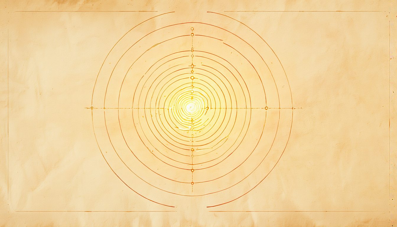 Concentric wave rings radiating from a glowing point, a golden spiral