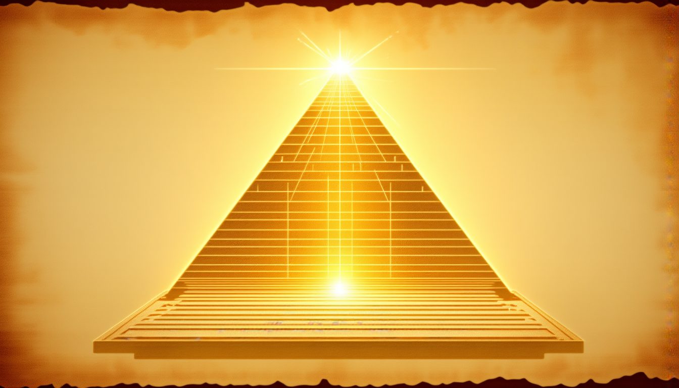 A golden pyramid on a wide square base with a glowing apex