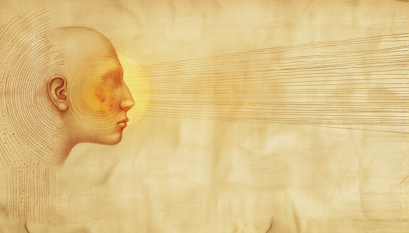 An engraved ear receiving concentric rings of sound from a distant glowing point