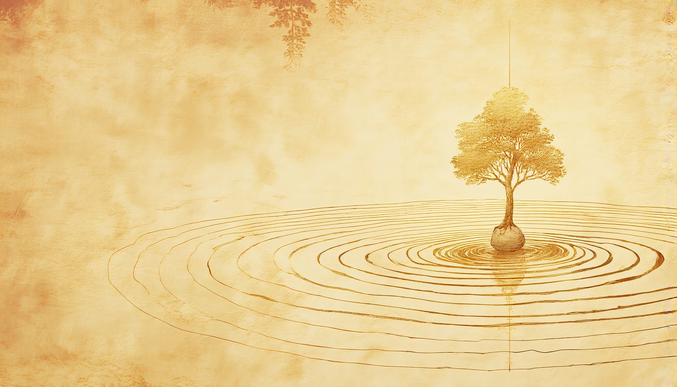 A stone dropped in still water, ripples expanding, a tree at the center