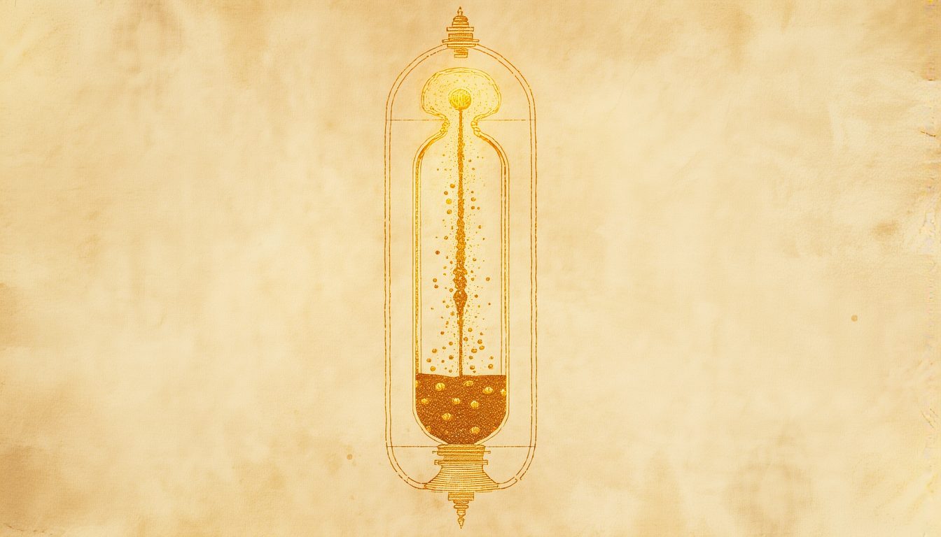 A golden feminine vessel with an ascending pillar axis and seeds of light inside