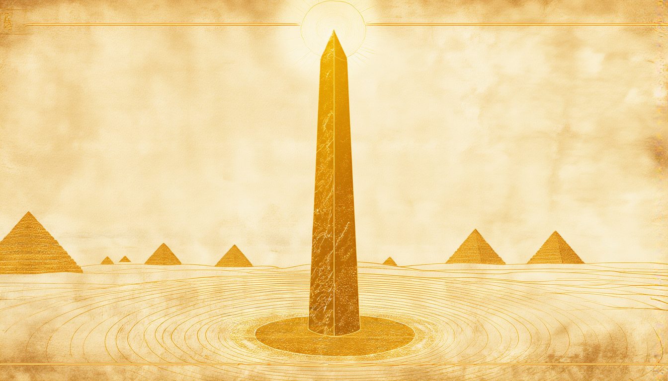 A golden obelisk in an open field with resonance rings and pyramids on the horizon