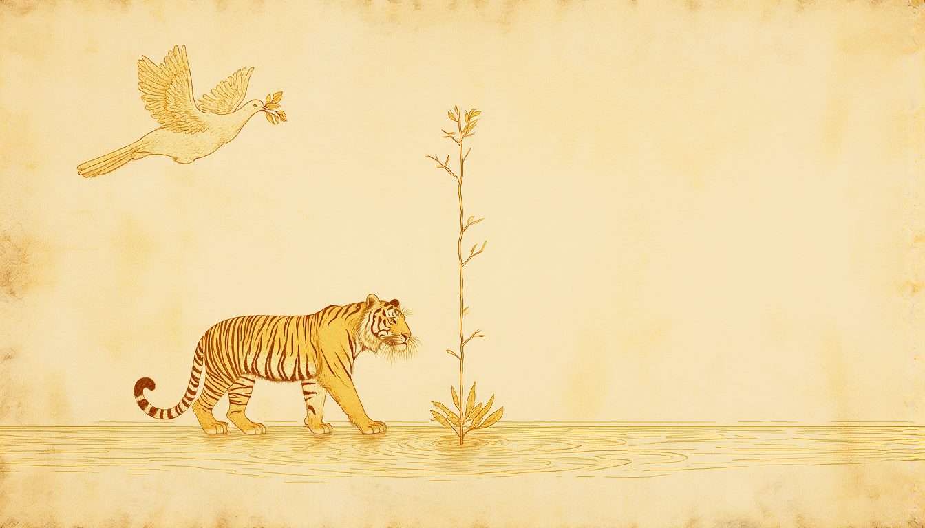 A golden tiger at the water's edge with a dove carrying an olive branch above